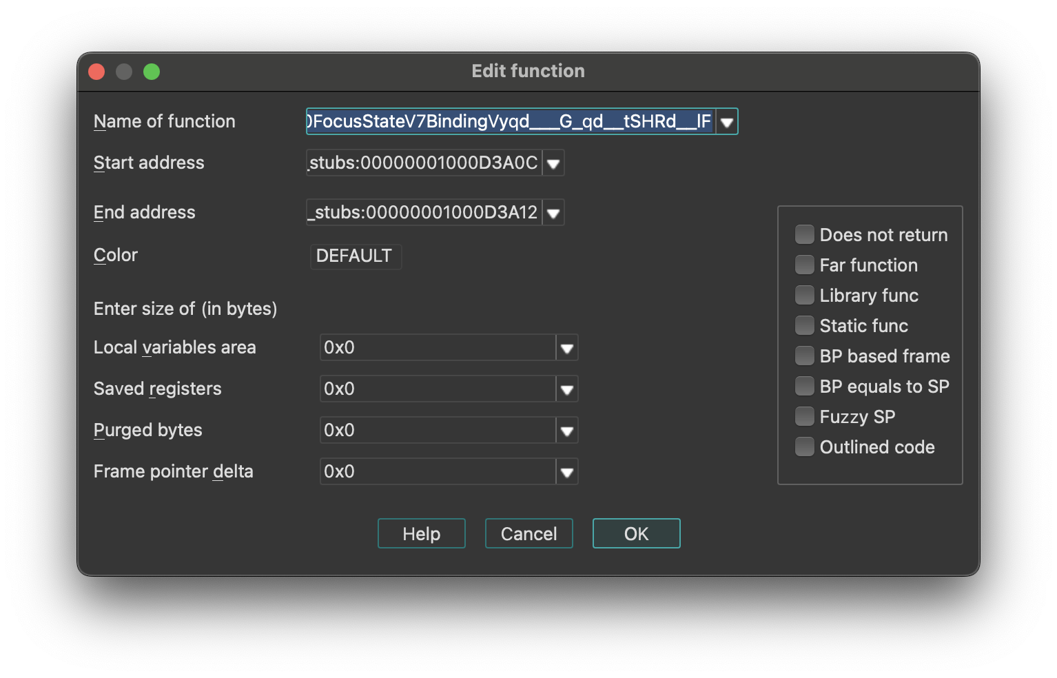 Edit function dialog